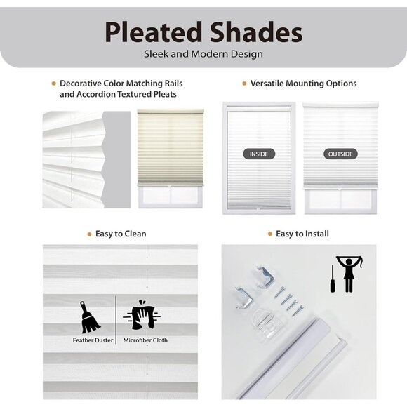 DEZ Furnishings Cordless Light Filtering Pleated Shade, 46"W x 64"H White - Picture 3 of 7